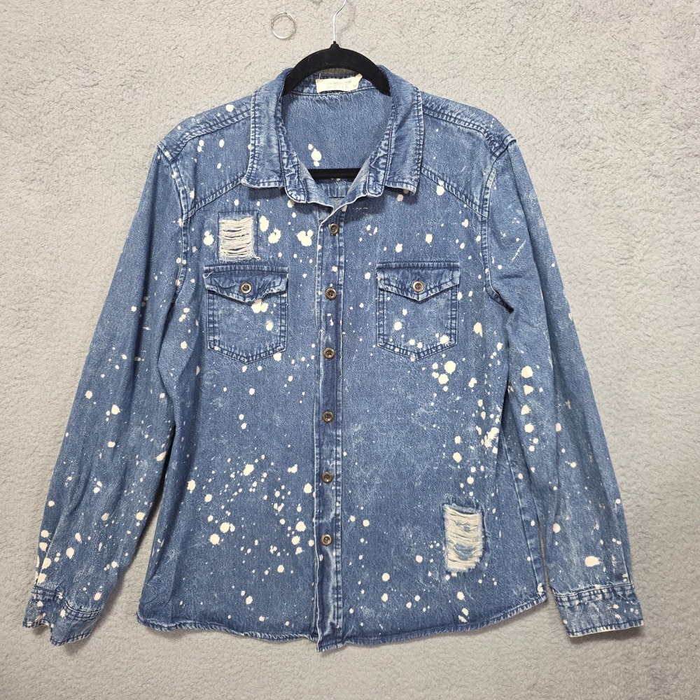 GS115 Button-Up Shirt‎ Men L Blue Denim Splattered Distressed Long Sleeve